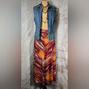 Studio Red Orange & Blue Straight Full Length Stretch Maxi Skirt Medium EUC